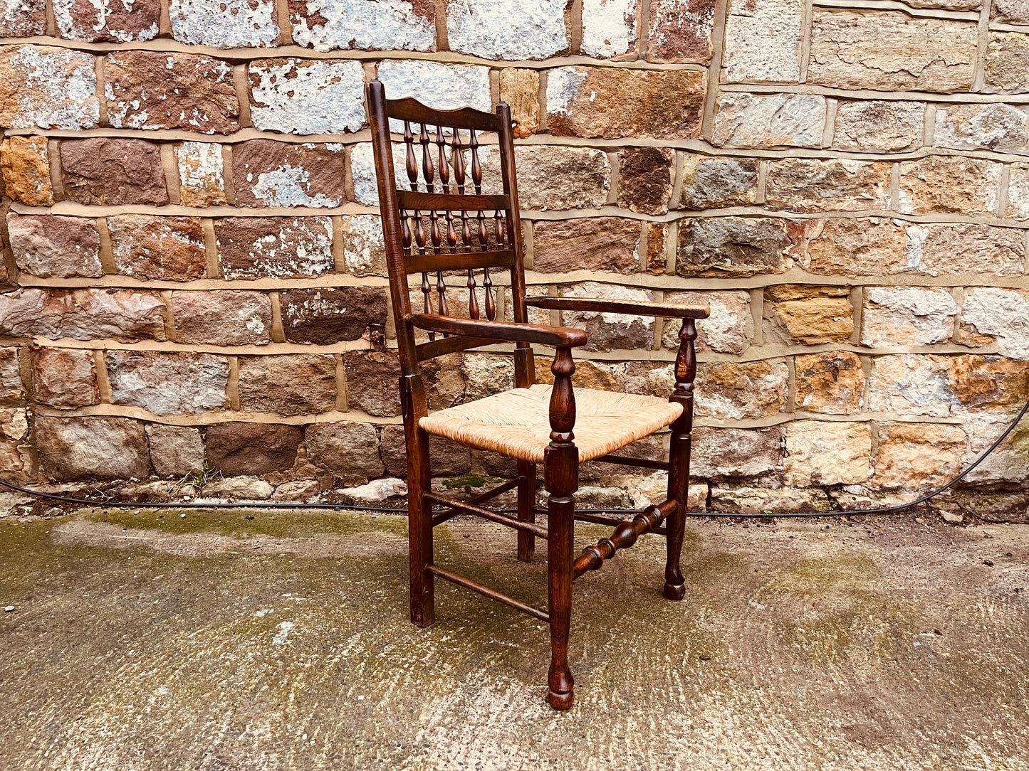 Antique Oak Ladder Back Armchair with Original Rush Seat