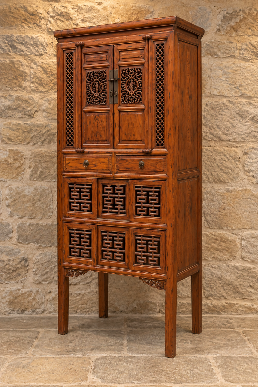 Vintage Chinese carved cabinet with lattice panels