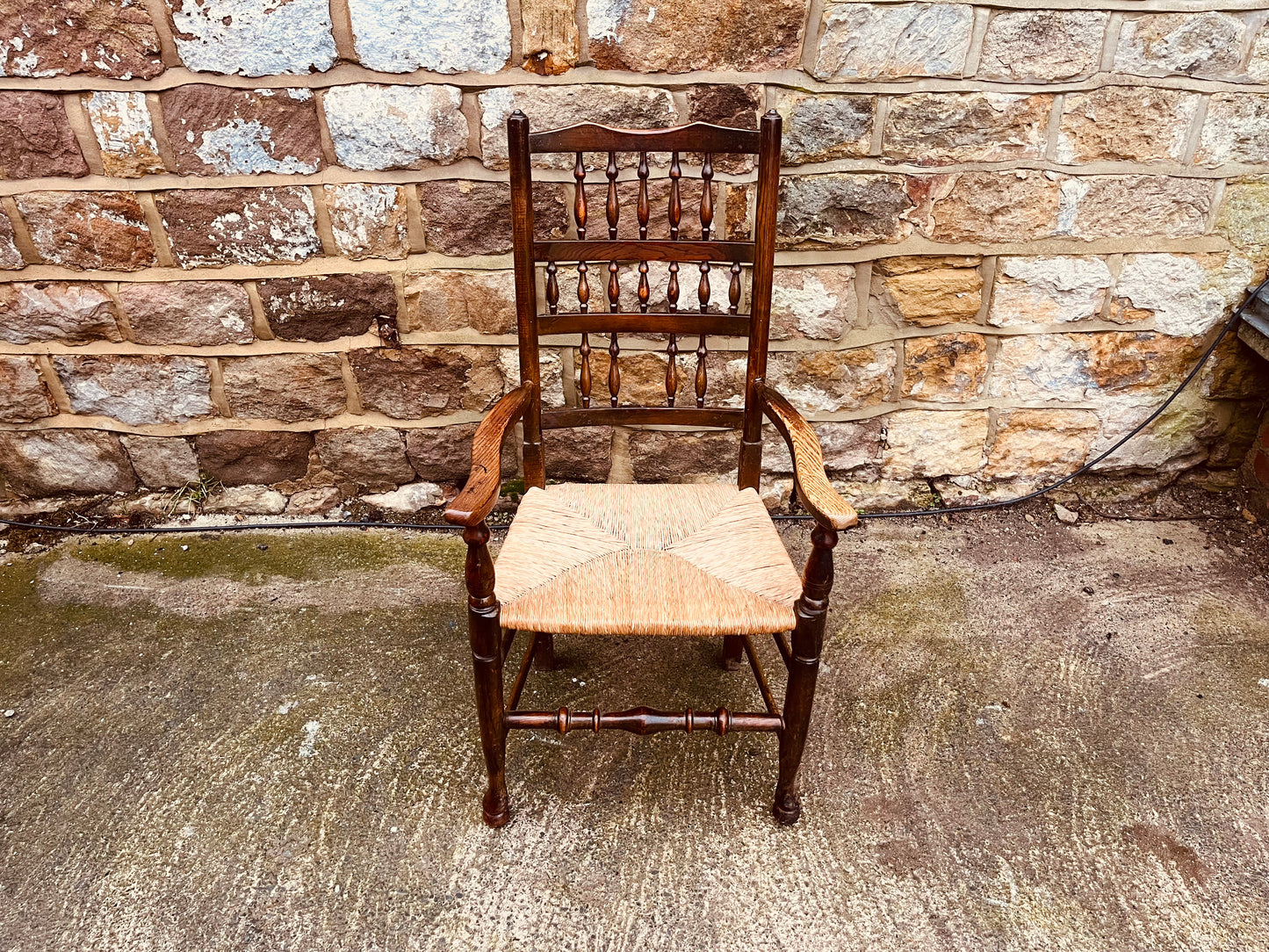 Antique Oak Ladder Back Armchair with Original Rush Seat