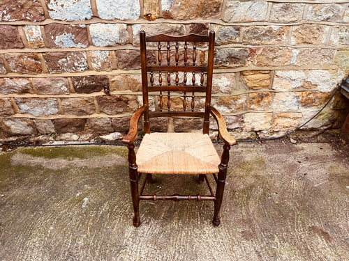 Antique Oak Ladder Back Armchair with Original Rush Seat