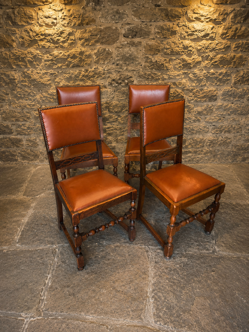Antique 1842 Victorian Oak Dining Chairs – Set of Four with Tan Leather Upholstery