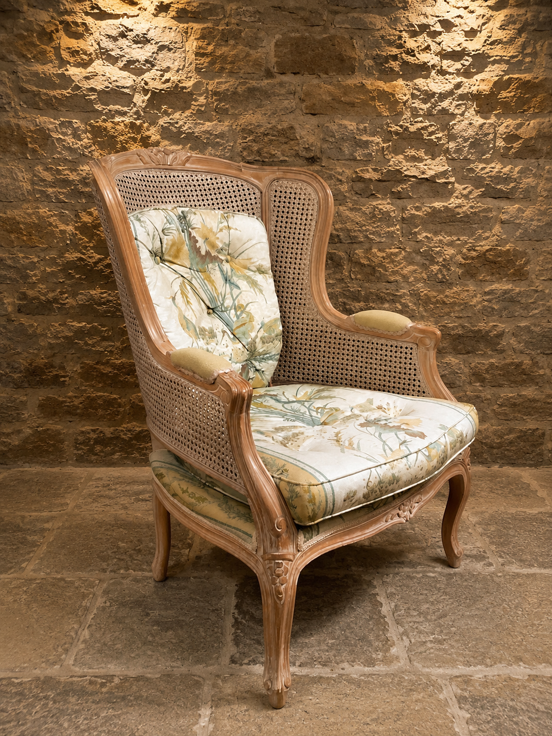Pair of French Louis XV Style Bergère Armchairs with Cane Sides & Botanical Upholstery