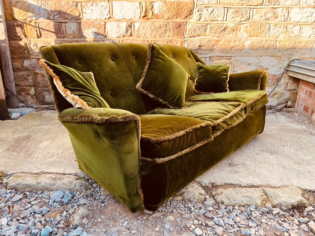 Vintage Olive Green Velvet Sofa – 1970s Three Seater Country House Style