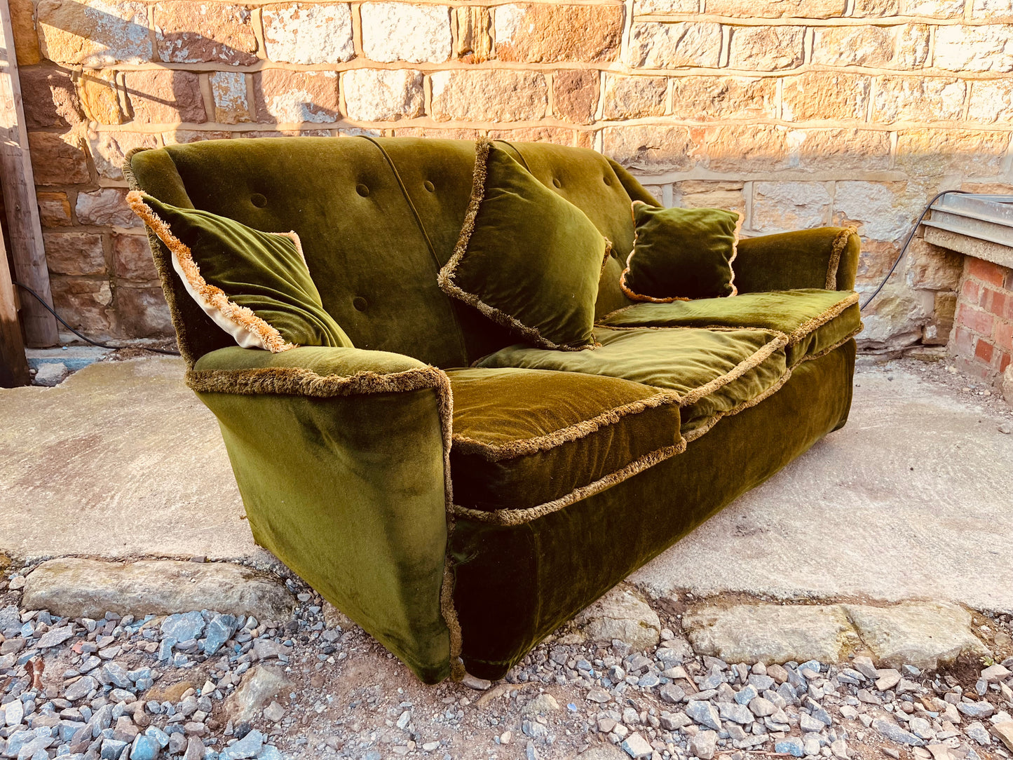 Vintage Olive Green Velvet Sofa – 1970s Three Seater Country House Style