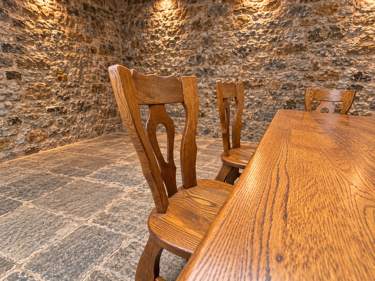 Mid-Century French Oak Dining Table & Six Chairs – Guillerme et Chambron Style c.1970