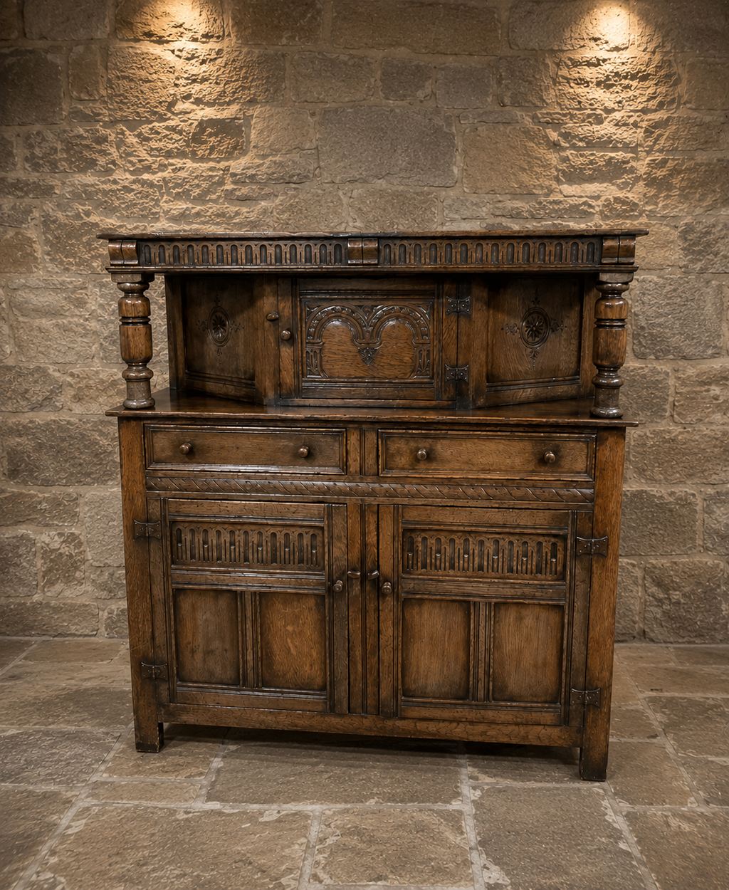 Antique Arts & Crafts Oak Dresser Sideboard | Jacobean Revival Carved Buffet Cabinet | English Oak | c.1900–1925
