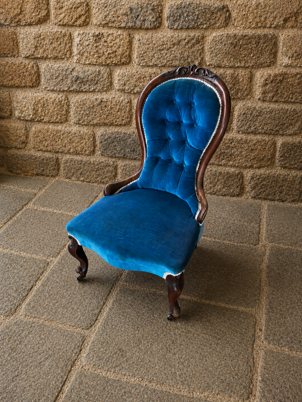 Antique Victorian Blue Velvet Nursing Chair