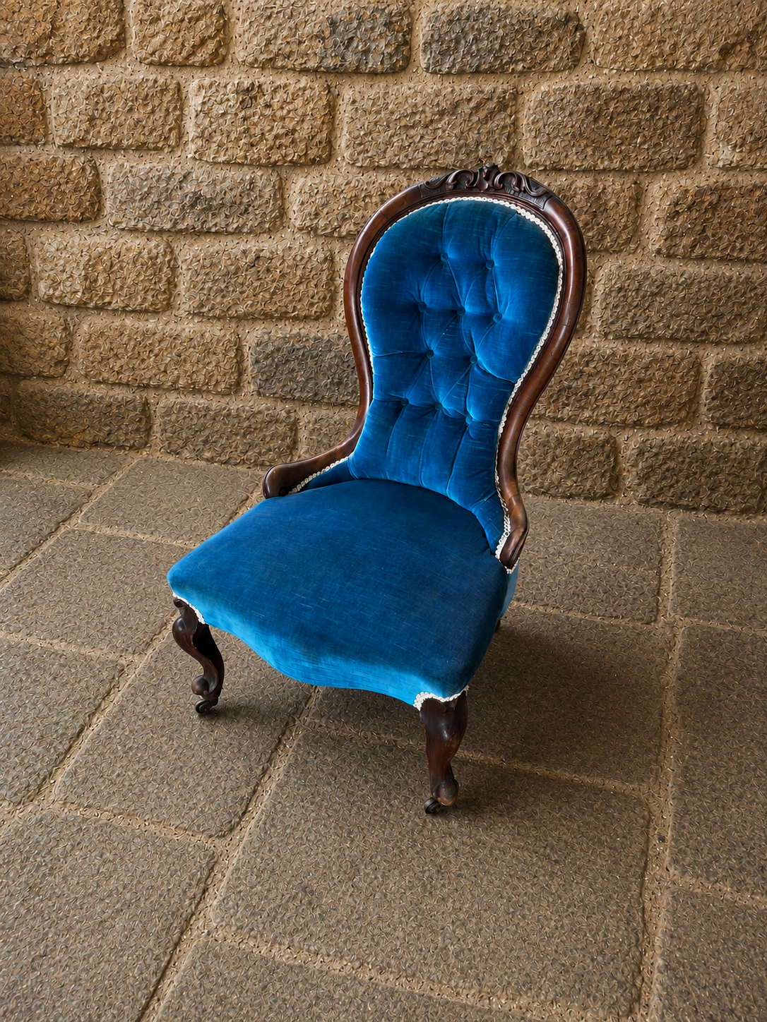 Antique Victorian Blue Velvet Nursing Chair