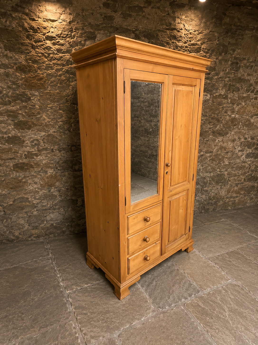 Large Solid Pine Combination Wardrobe with Mirror & Three Drawers