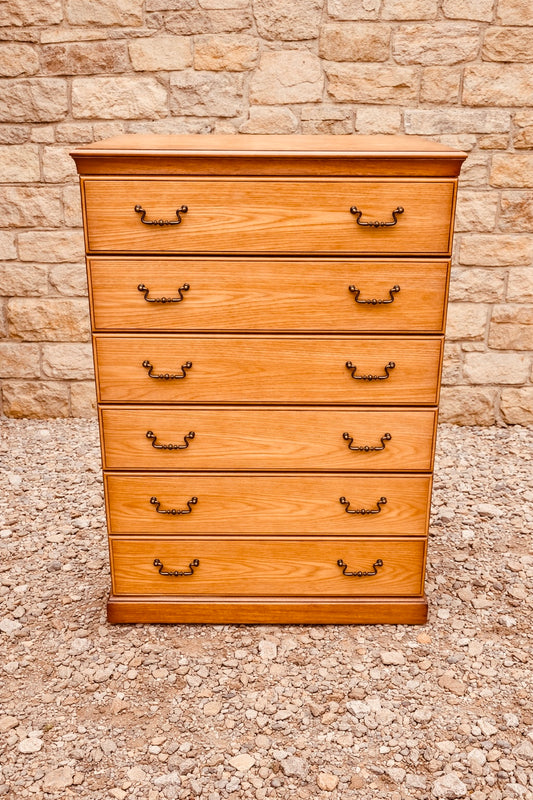 Vintage Style Oak Chest of Drawers – 6 Drawer Tallboy Storage Unit
