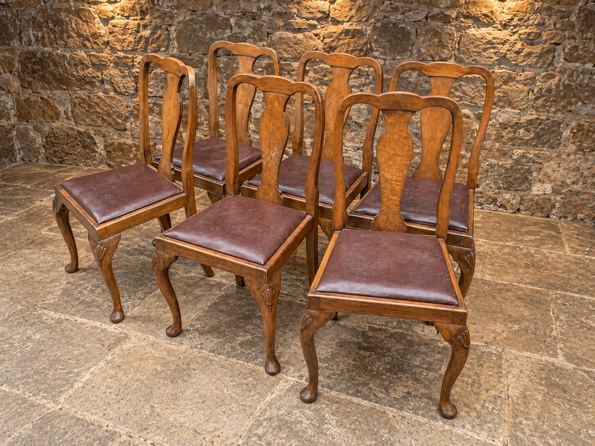Set of Six Antique Queen Anne Style Walnut Dining Chairs – c.1930