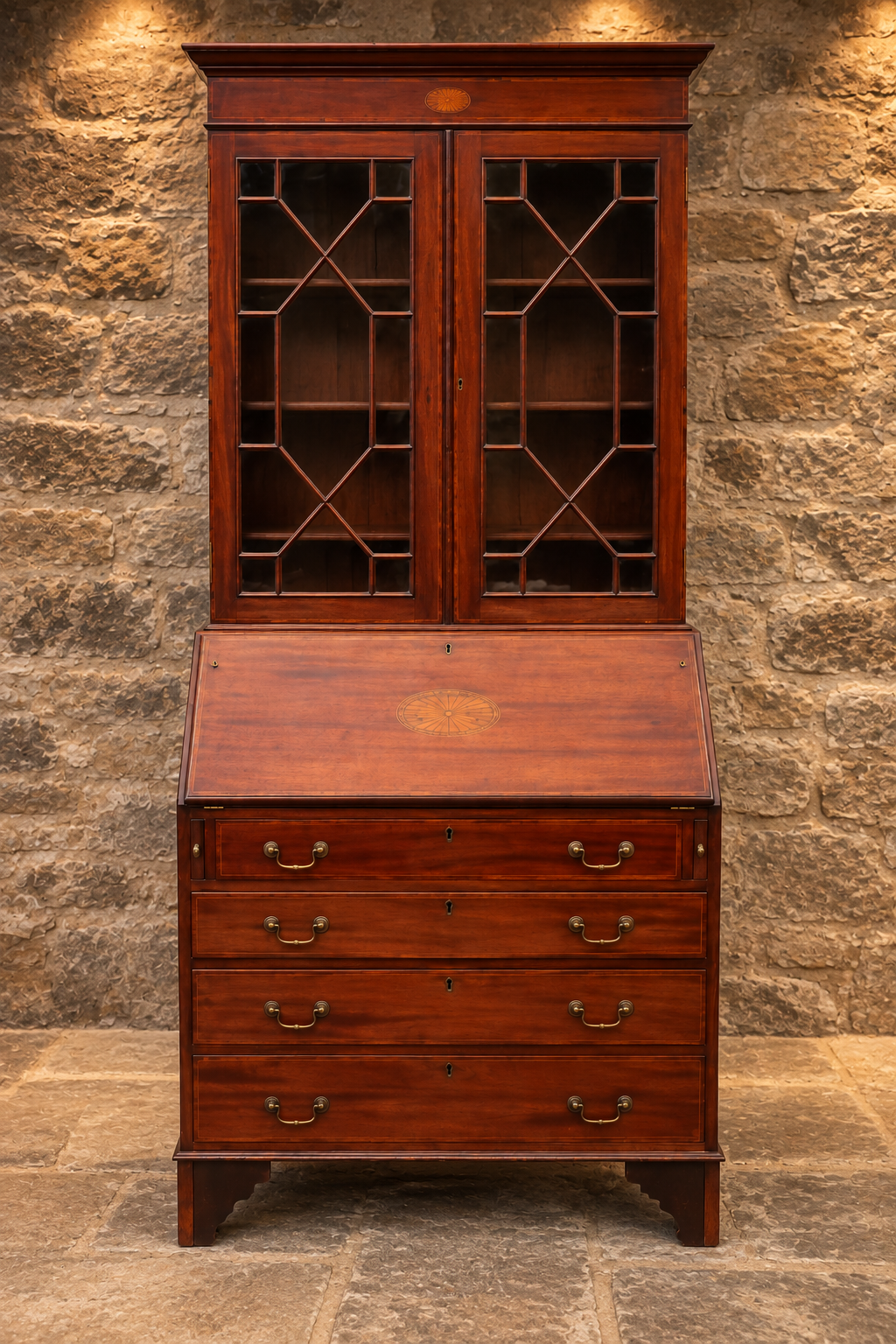 Antique Edwardian Inlaid Mahogany Bureau Bookcase – c.1900