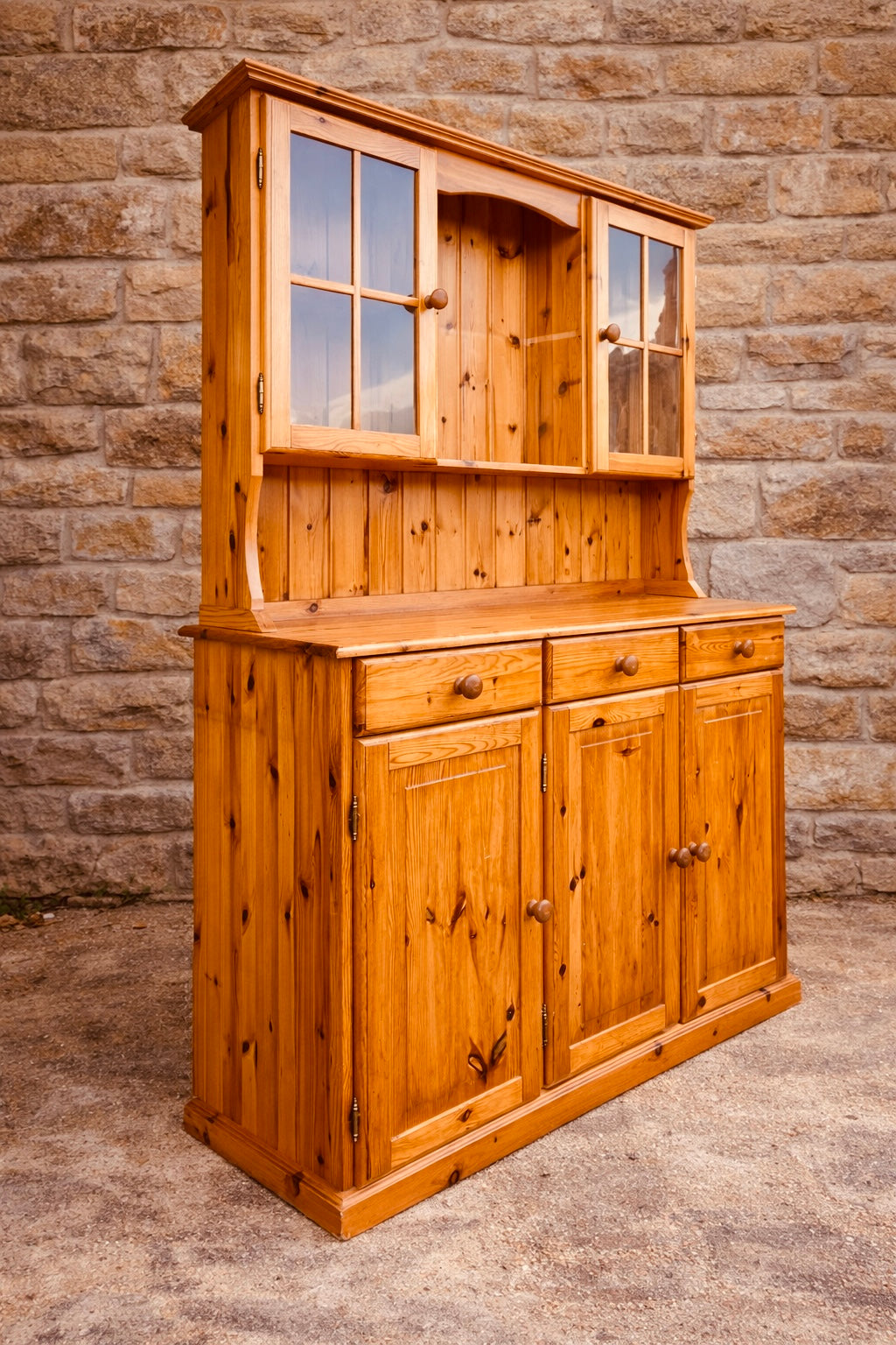 Rustic Pine Farmhouse Dresser with Glazed Display Top and Storage Base