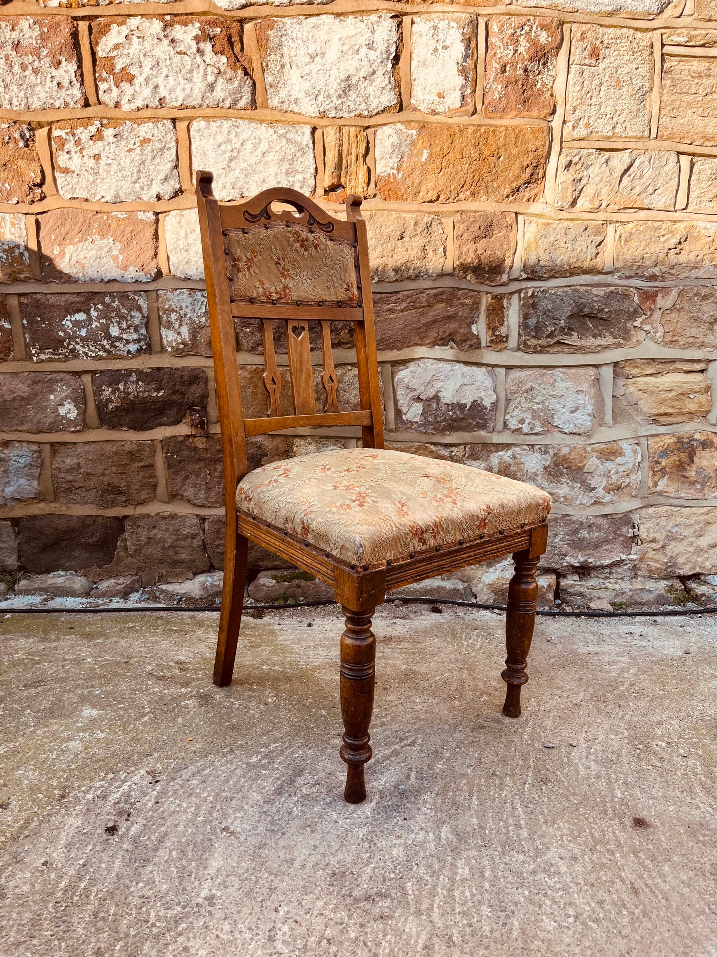 Antique Edwardian Oak Dining Chair – Upholstered Seat & Back, Carved Detail Hall Chair, Victorian Style Side Chair