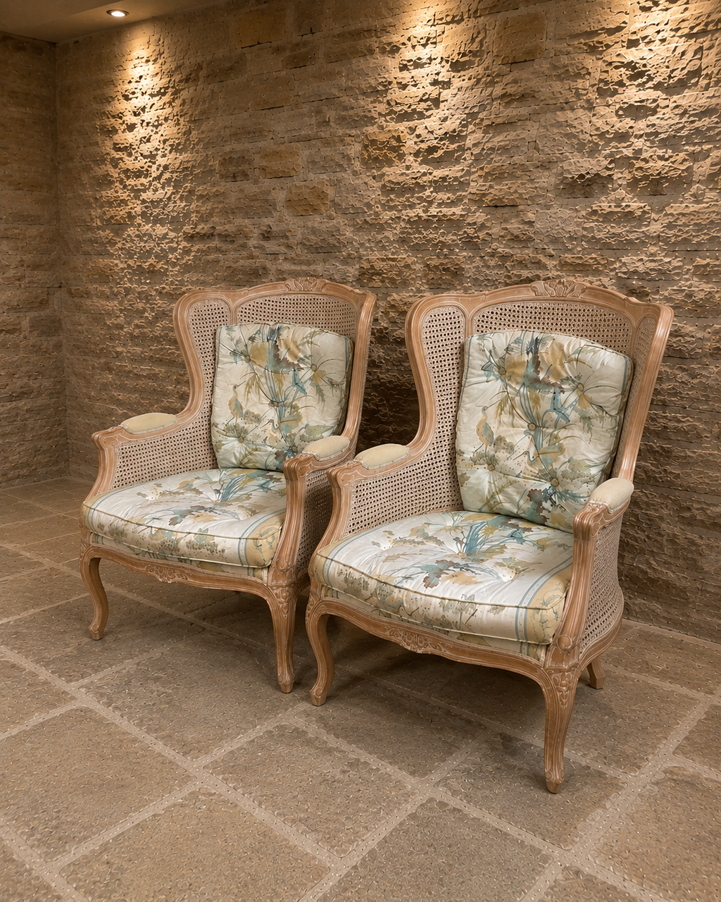 Pair of French Louis XV Style Bergère Armchairs with Cane Sides & Botanical Upholstery