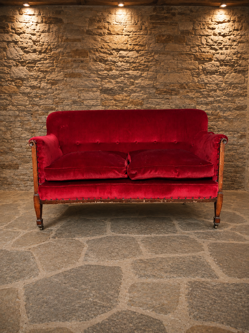 Antique Edwardian Red Velvet Two-Seater Settee – c.1890–1910