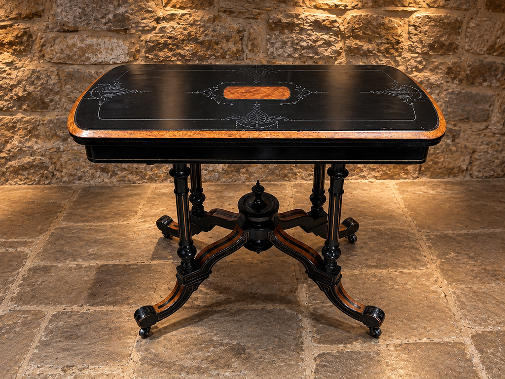Antique Victorian Ebonised Burr Walnut Fold Over Card & Games Table c.1875