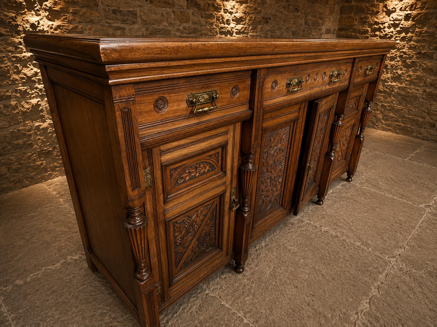 Late Victorian Carved Walnut Sideboard | Antique English Walnut Buffet Cabinet | 19th Century Country House Sideboard | Victorian Storage Cabinet