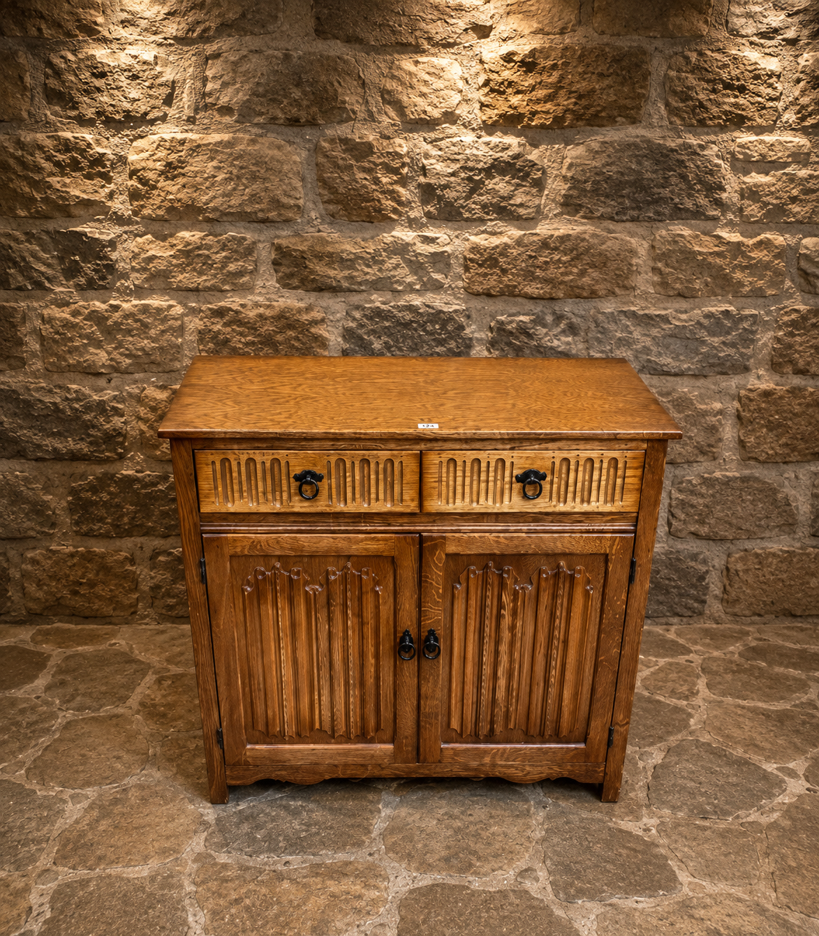 Solid Oak Gothic Revival Sideboard Cabinet with Linenfold Carved Doors c.1970s–1990s