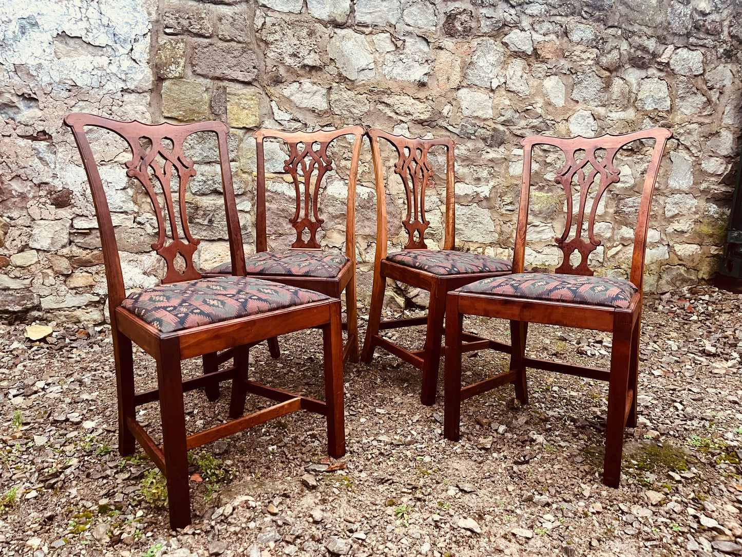 Vintage Dining Chairs – Set of 4 Chippendale Style Wooden Upholstered Chairs