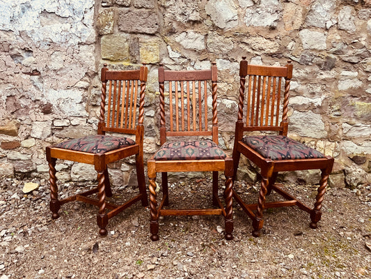 Vintage Dining Chairs – Set of 3 Oak Barley Twist Wooden Upholstered Chairs