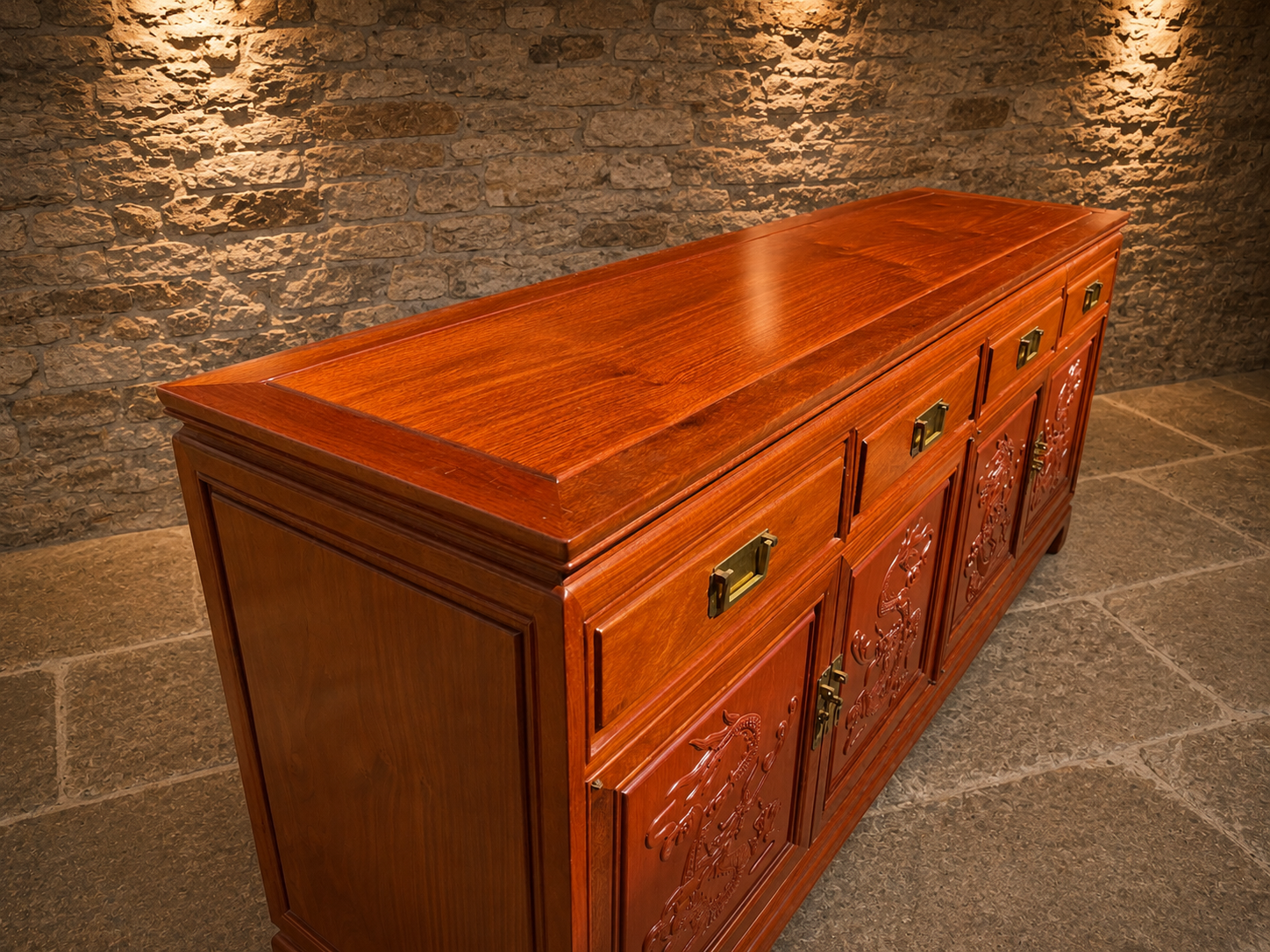 Vintage Chinese Carved Dragon Hardwood Sideboard – Four Door Oriental Cabinet