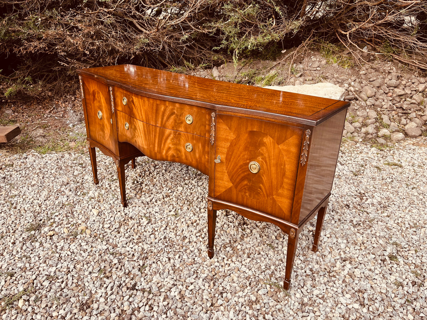 Antique Edwardian Mahogany Bow Front Sideboard – Sheraton Revival Flame Mahogany Server Cabinet