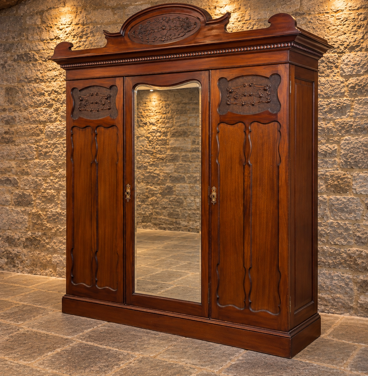 Antique Victorian Mahogany Triple Wardrobe with Mirror – Ornately Carved 3 Door Armoire