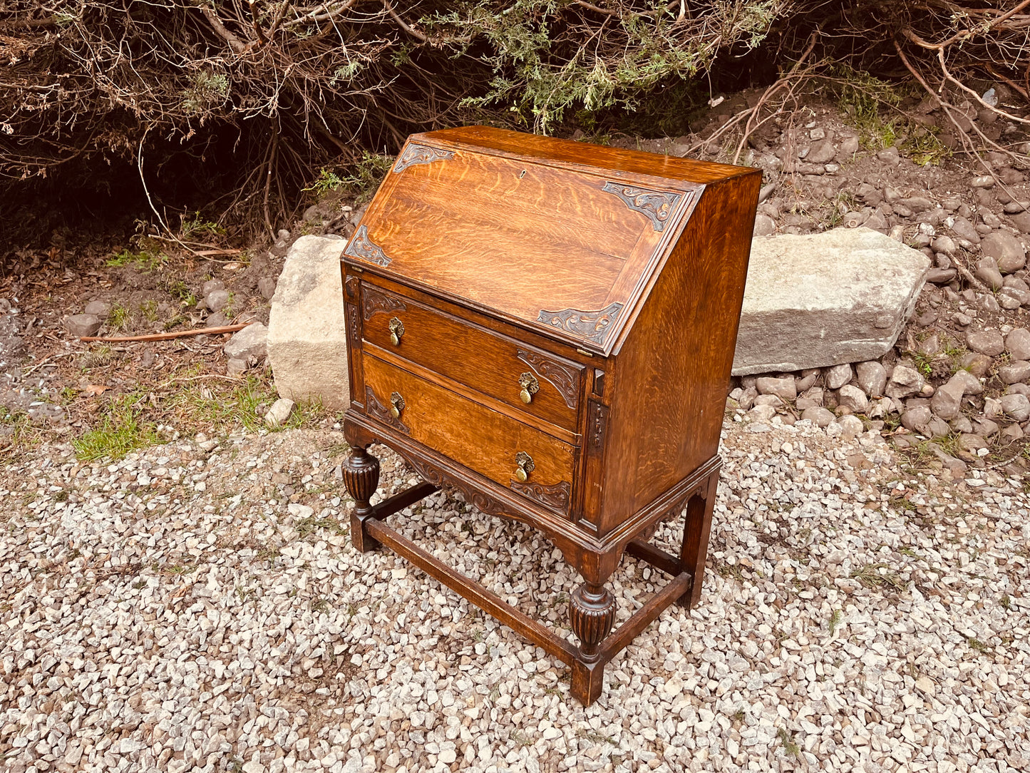 Antique Edwardian Tiger Oak Bureau Writing Desk