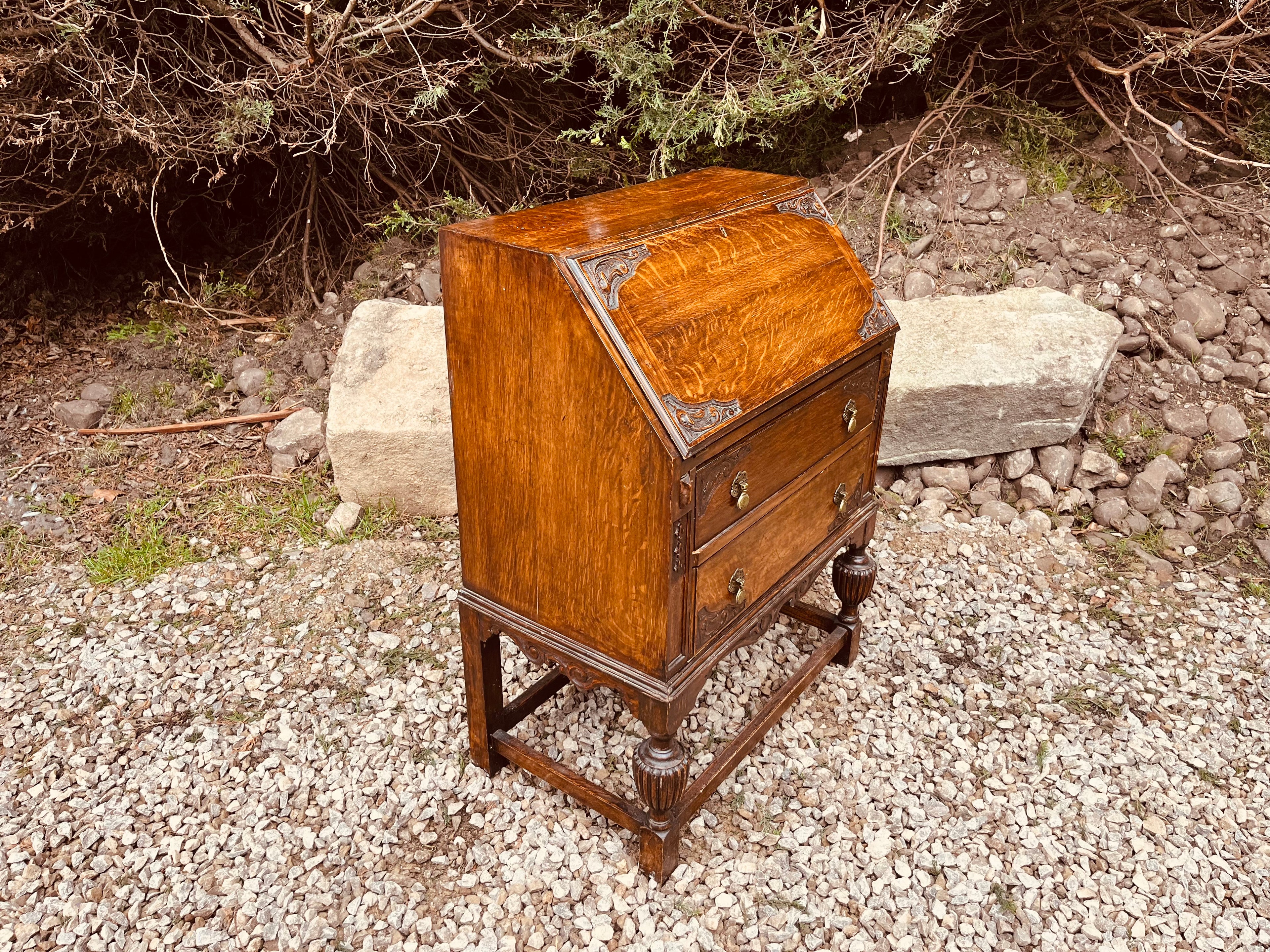 Antique Edwardian Tiger Oak Bureau Writing Desk