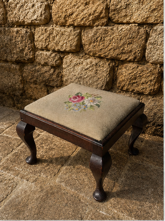 Vintage Mahogany Footstool | Needlepoint Floral Fireside Stool c.1920–1940