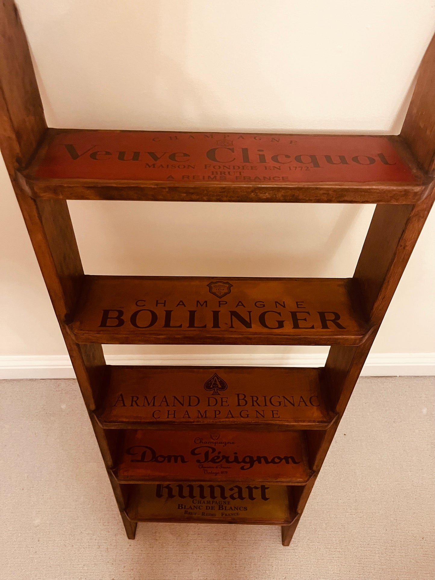 Extremely Rare Champagne Crate Ladder Shelf – Handcrafted Wooden Display with Veuve Clicquot, Dom Pérignon, Bollinger, Armand de Brignac & Ruinart Branding