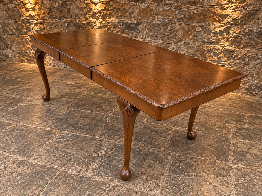 Antique Burr Walnut Queen Anne Revival Extending Dining Table – c.1930