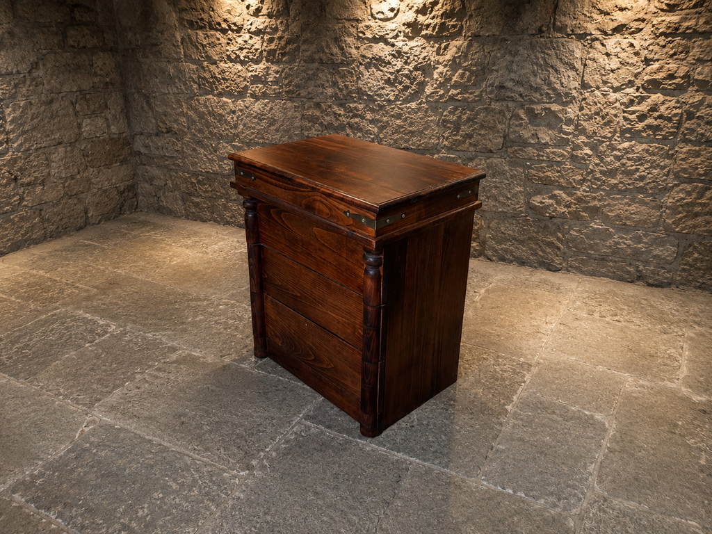 Campaign Style Chest of Drawers in Dark Wood with Brass Strap Detail