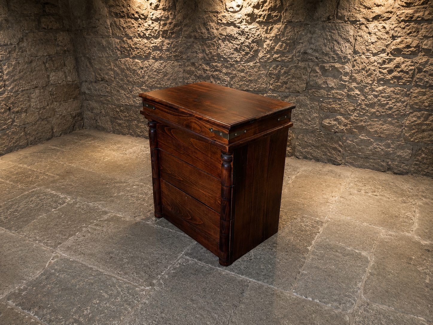 Campaign Style Chest of Drawers in Dark Wood with Brass Strap Detail