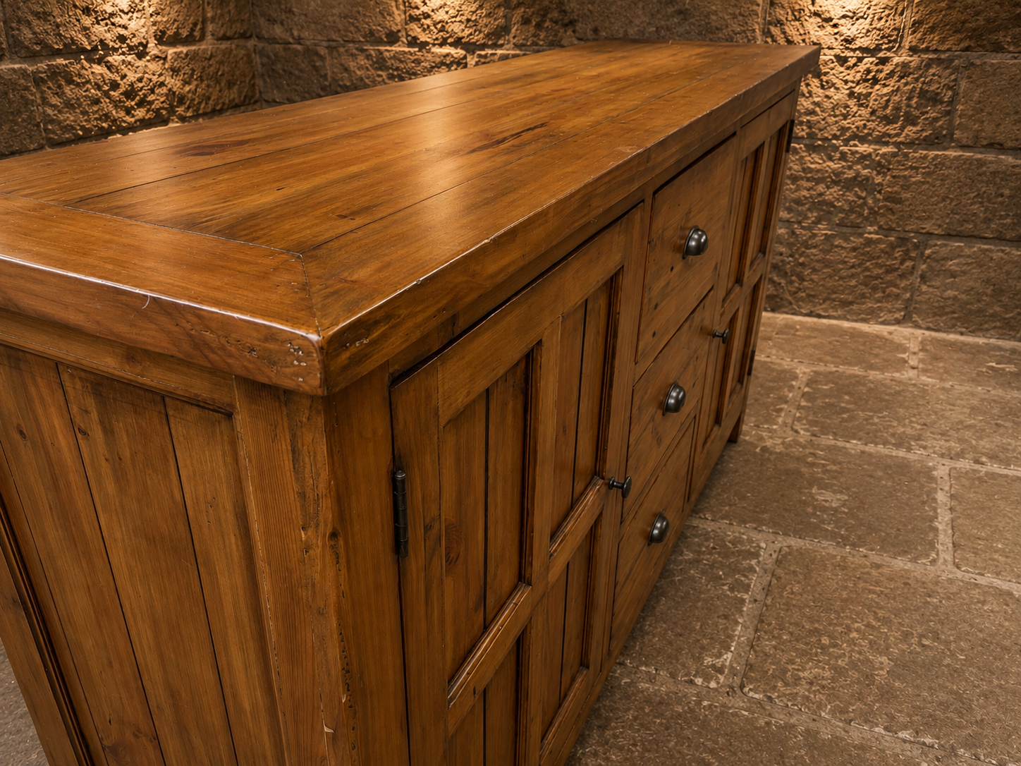 Large Rustic Pine Farmhouse Sideboard – 3 Drawer & Double Cupboard Storage Cabinet