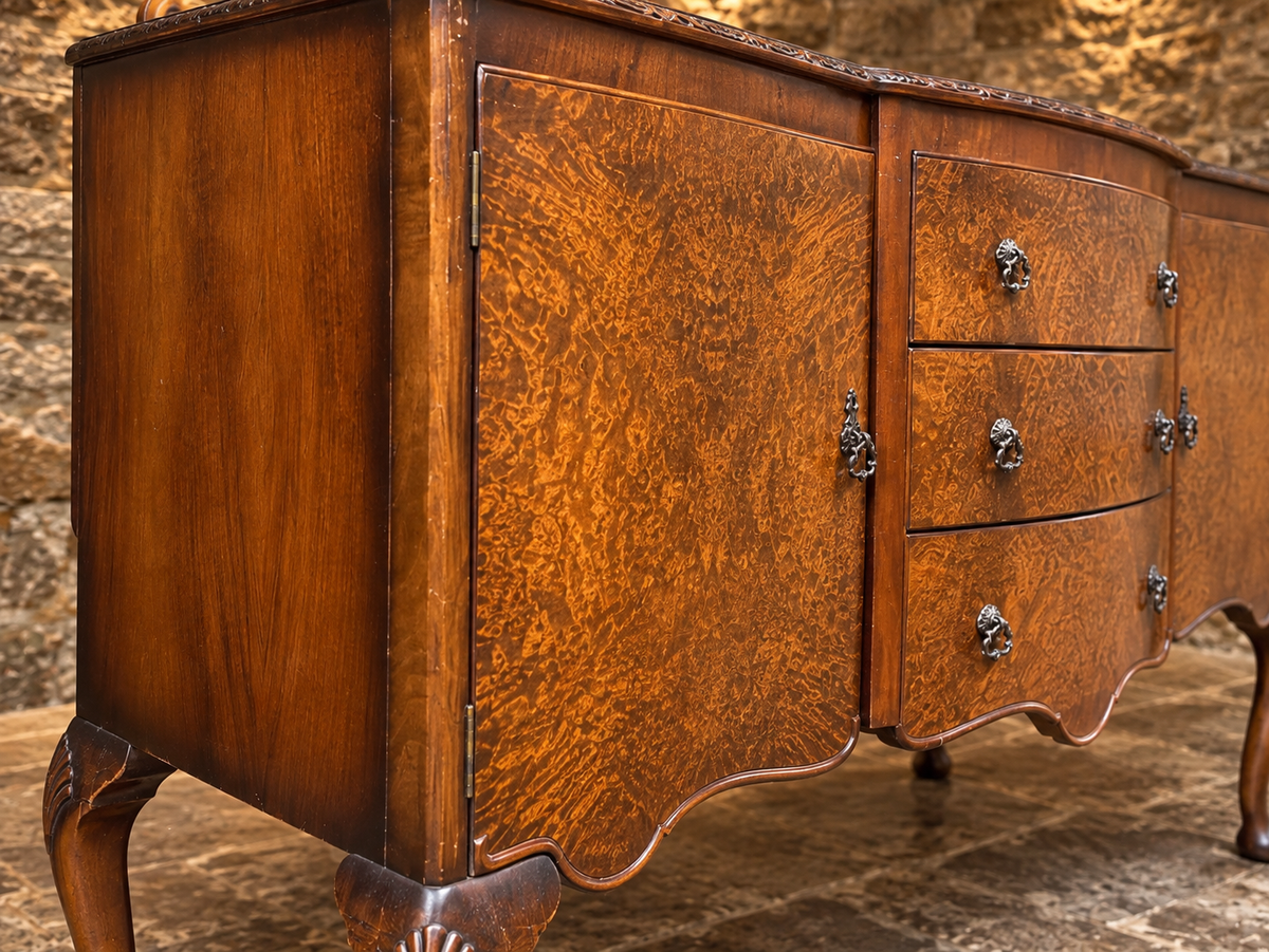 Antique Burr Walnut Queen Anne Revival Sideboard – c.1930