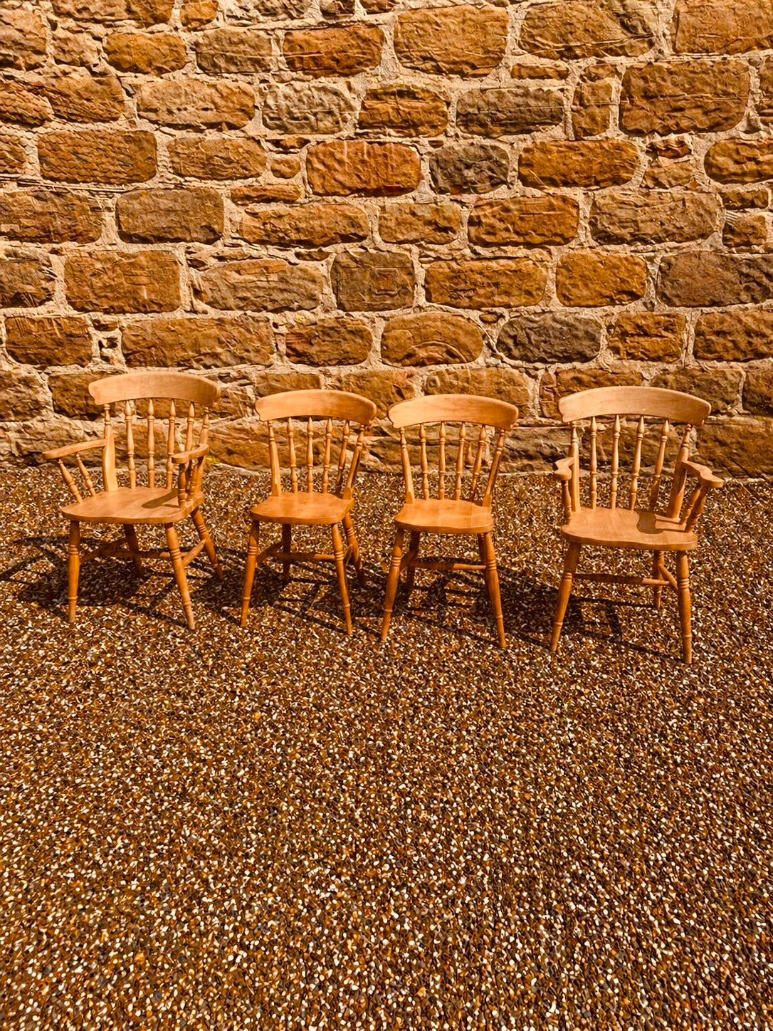 Set of 4 Vintage Windsor Dining Chairs with Armchairs – Solid Wood Farmhouse Chairs