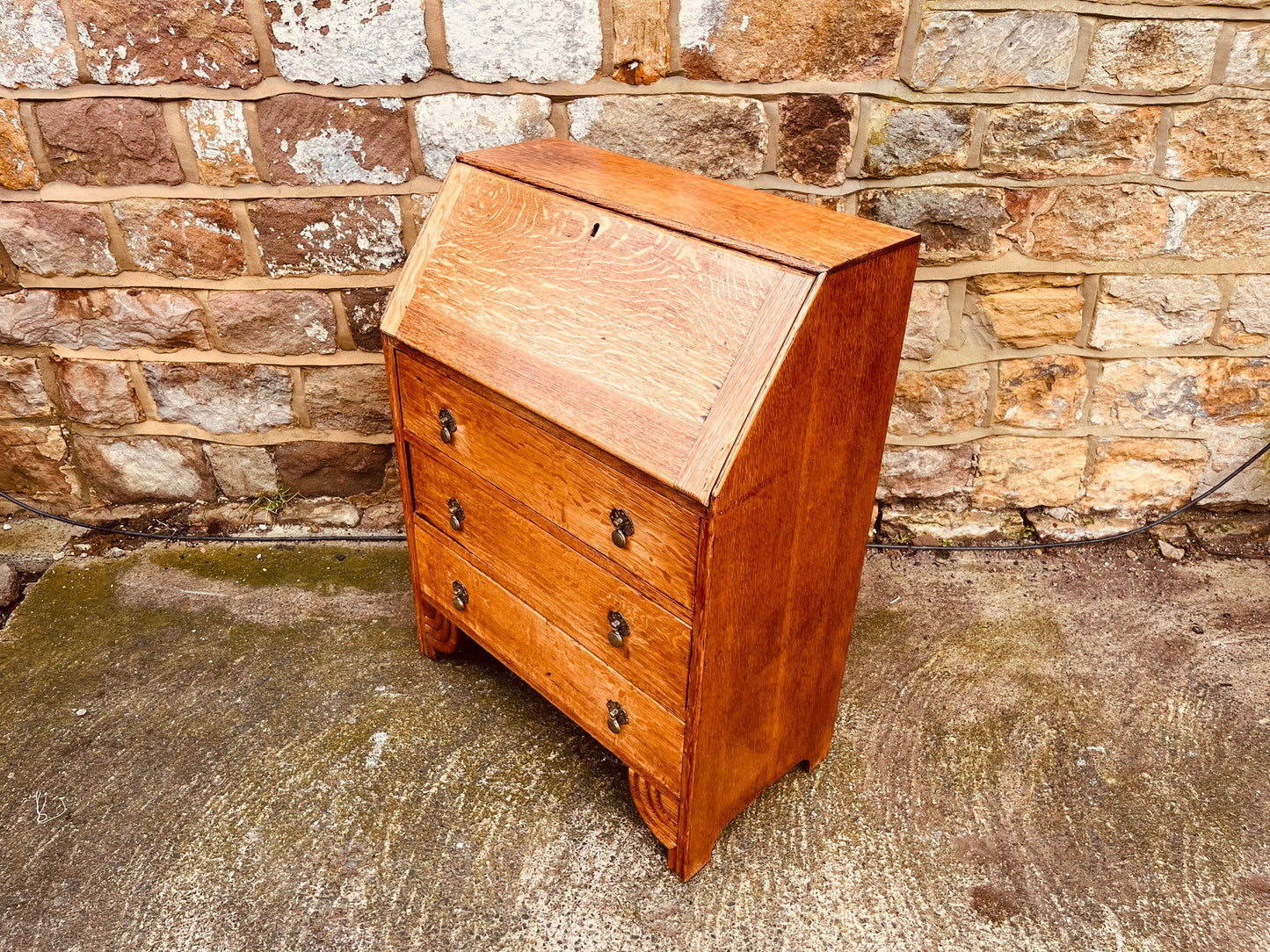 1930s Solid Oak Bureau Writing Desk with Fall Front & Pigeonholes