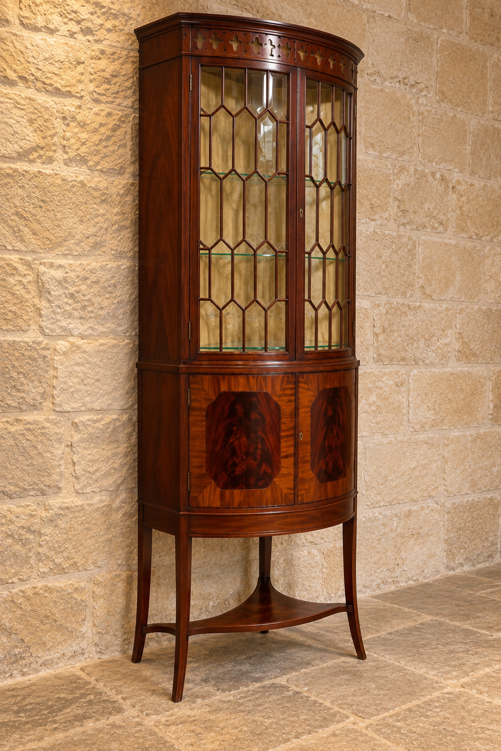 Mahogany bow-front corner display cabinet