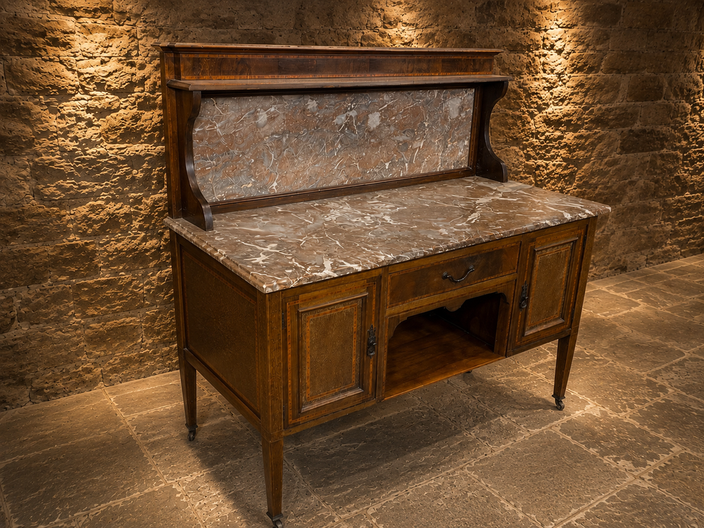 Antique Victorian Inlaid Marble Top Sideboard – Circa 1890