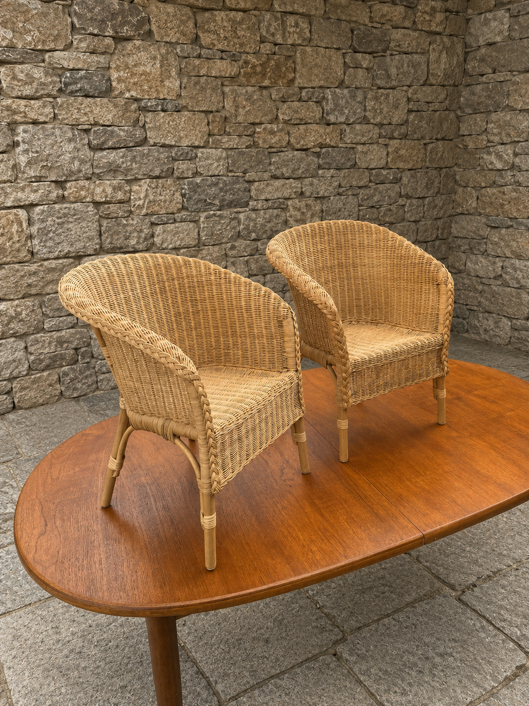 Vintage Children’s Wicker Tub Chairs Pair | Natural Rattan Nursery Seating c.1990–2010