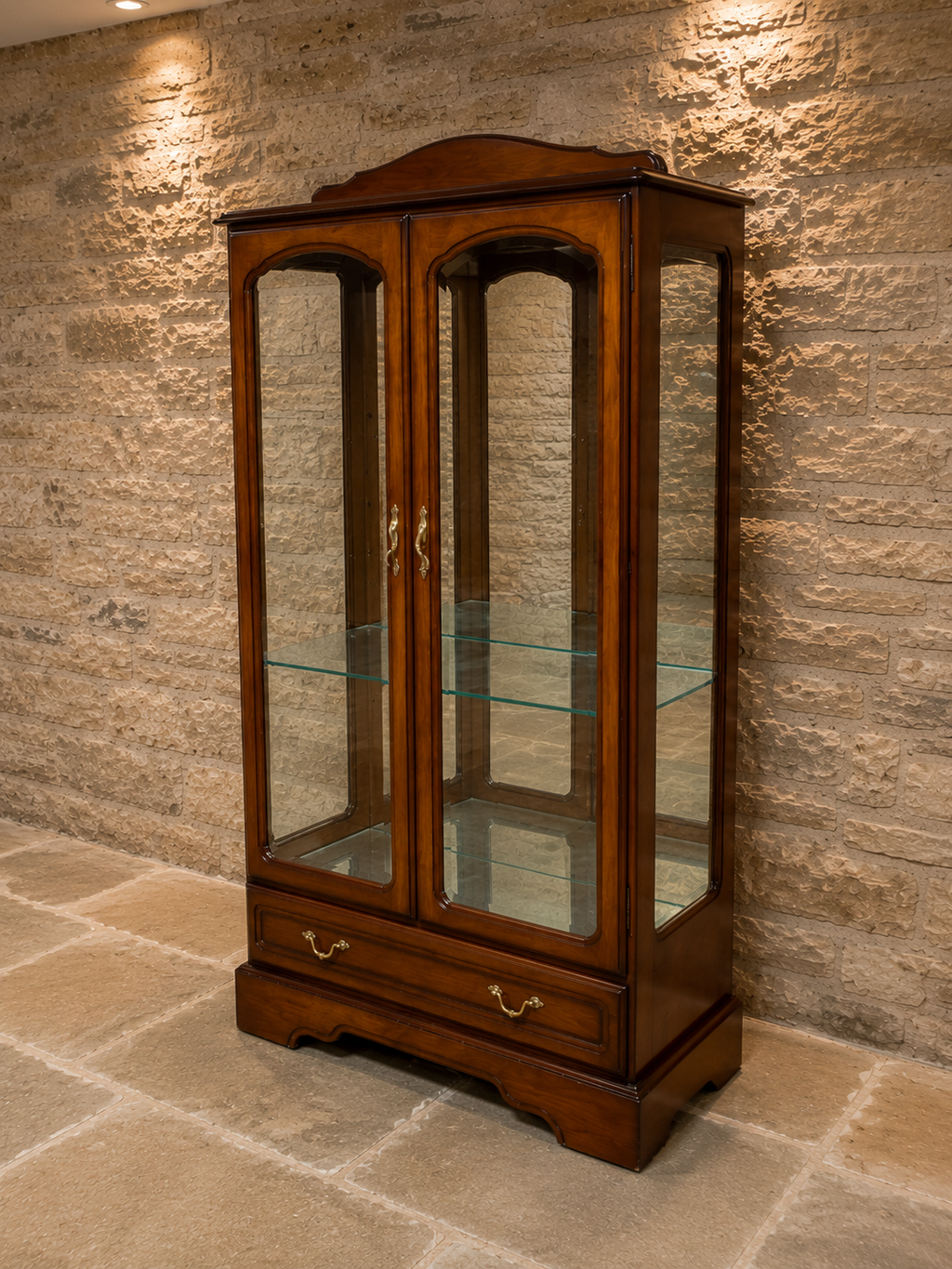 Vintage Mahogany Display Cabinet – Glazed China Cabinet with Glass Shelves & Storage Drawer