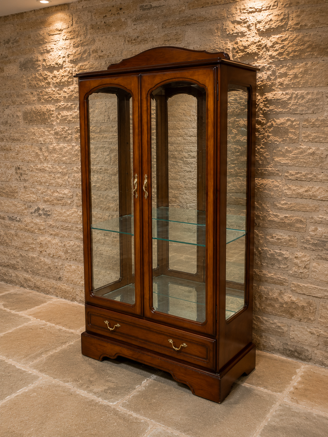 Vintage Mahogany Display Cabinet – Glazed China Cabinet with Glass Shelves & Storage Drawer