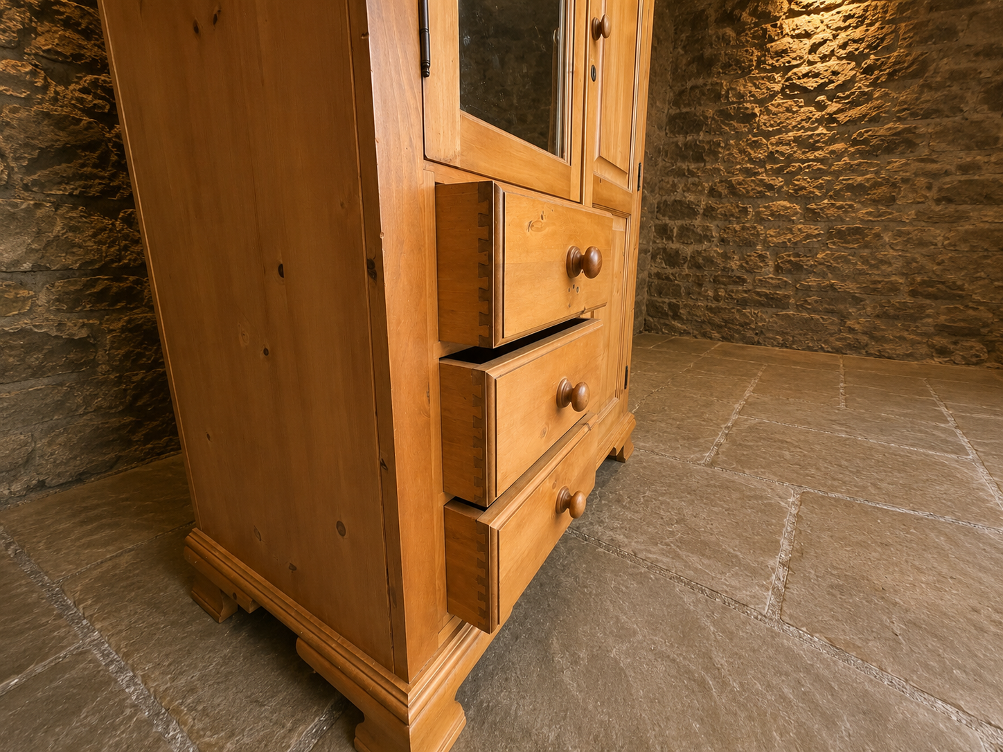 Large Solid Pine Combination Wardrobe with Mirror & Three Drawers