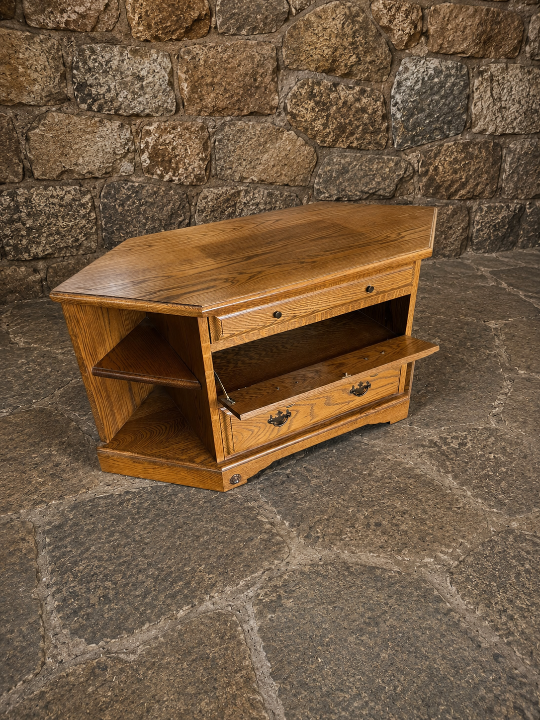 Vintage Solid Oak Corner Cabinet Coffee Table – Rustic Farmhouse Storage Unit c.1980s