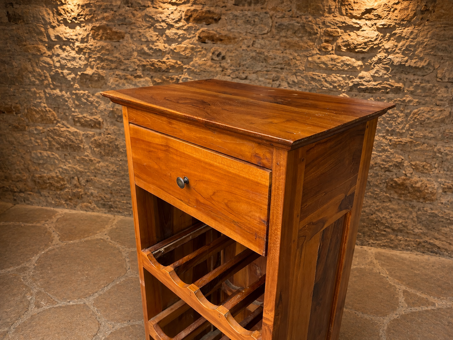 Vintage Wooden Wine Rack Cabinet – Freestanding Rustic Bottle Storage with Drawer