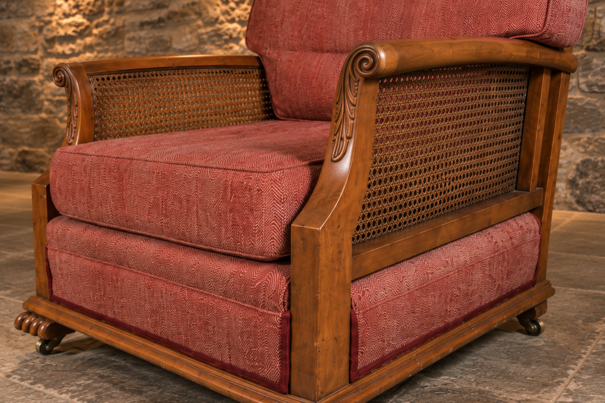 Pair of Antique 1930s Bergère Cane Library Armchairs