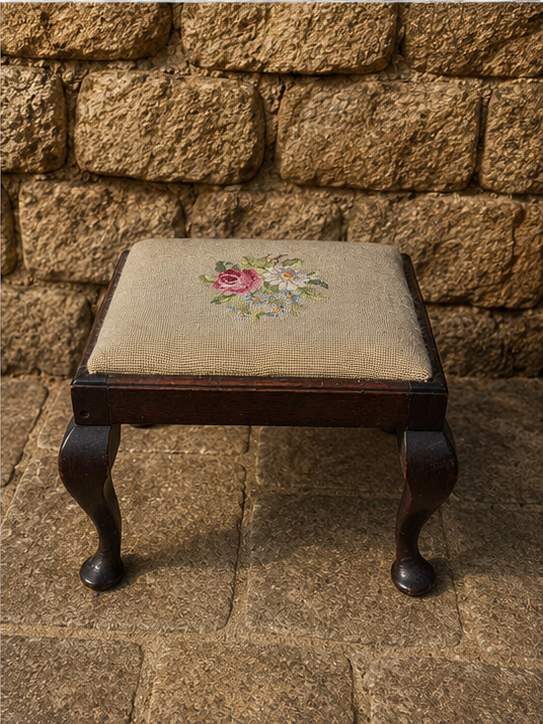 Vintage Mahogany Footstool | Needlepoint Floral Fireside Stool c.1920–1940