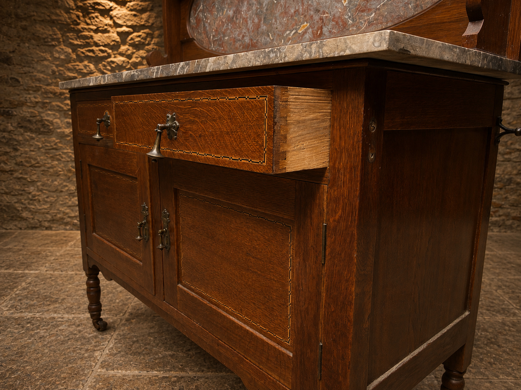 Antique Edwardian Marble Top Washstand with Oval Marble Splashback – c.1890–1910